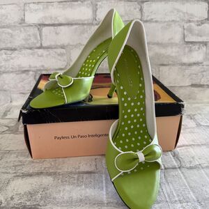 VTG Highlights Y2K Lime Green Polka Dot Bow Retro Rockabilly Pinup Peep Toe Pump